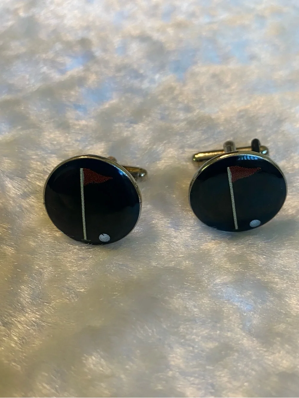 🍀VTG Black Golf Flag Cufflinks Classic Enamel Design